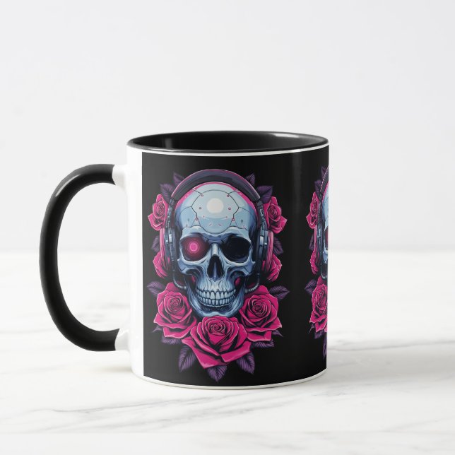 Neon Cyber Death Skull and Roses Black Mug (Left)
