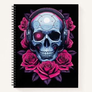 Neon Cyber Death Skull and Roses Black