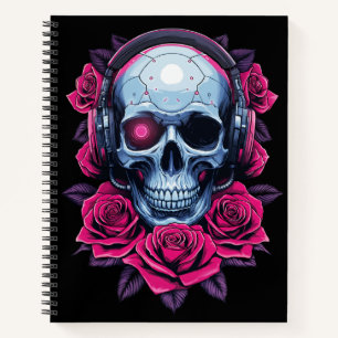 Neon Cyber Death Skull and Roses Black Notebook