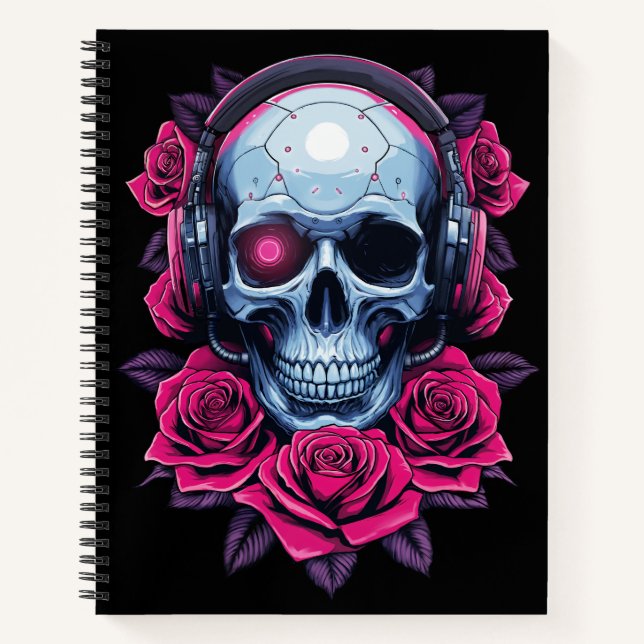 Neon Cyber Death Skull and Roses Black Notebook (Front)