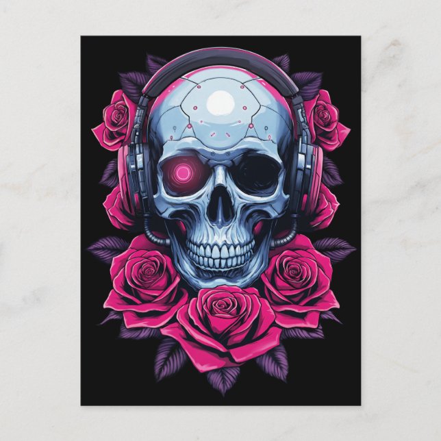 Neon Cyber Death Skull and Roses Black Postcard (Front)