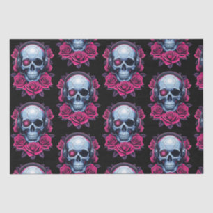 Neon Cyber Death Skull and Roses Black Tissue Paper
