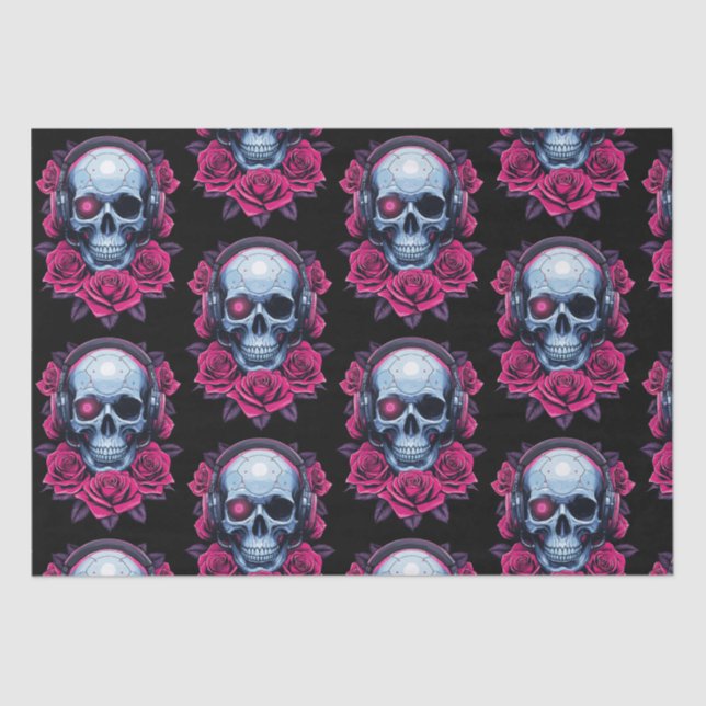 Neon Cyber Death Skull and Roses Black Tissue Paper (Front)