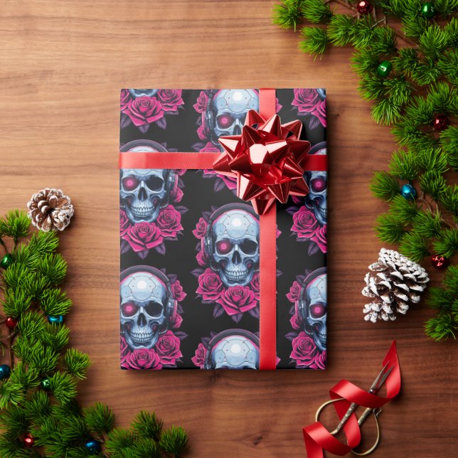 Neon Cyber Death Skull and Roses Black Wrapping Paper (Holiday Gift)