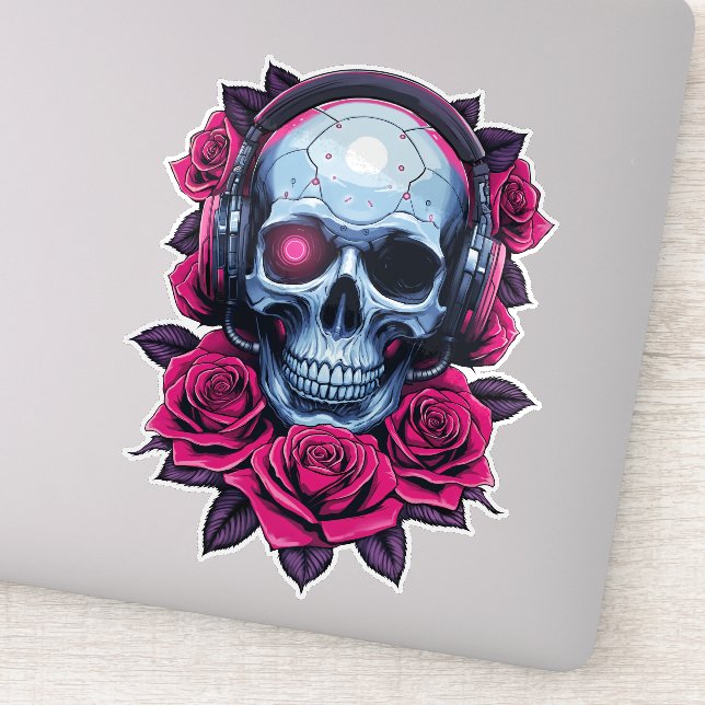 Neon Cyber Death Skull and Roses Sticker (Detail)