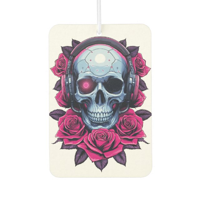 Neon Cyber Death Skull and Roses White Car Air Freshener (Front)