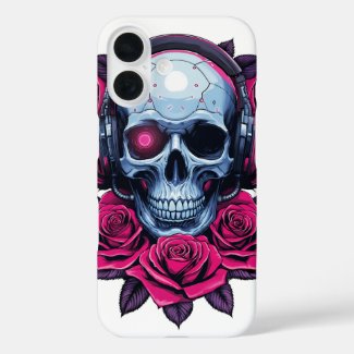Neon Cyber Death Skull and Roses White