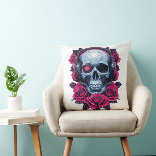 Neon Cyber Death Skull and Roses White Cushion