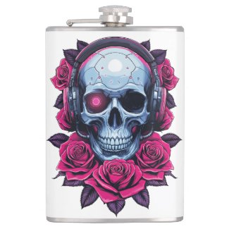 Neon Cyber Death Skull and Roses White
