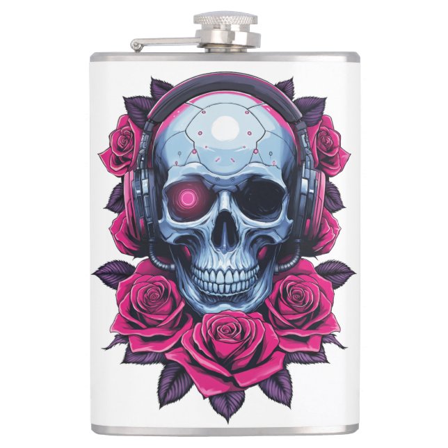 Neon Cyber Death Skull and Roses White Hip Flask (Front)