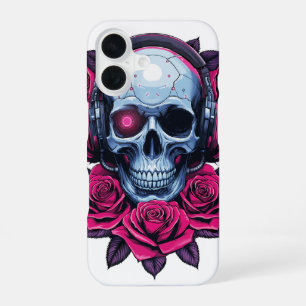 Neon Cyber Death Skull and Roses White iPhone 16 Case