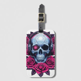 Neon Cyber Death Skull and Roses White