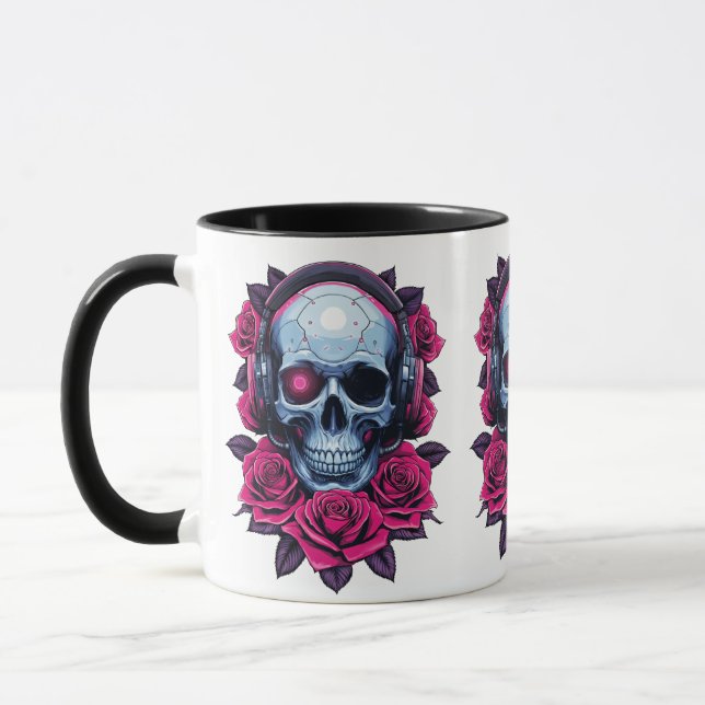 Neon Cyber Death Skull and Roses White Mug (Left)