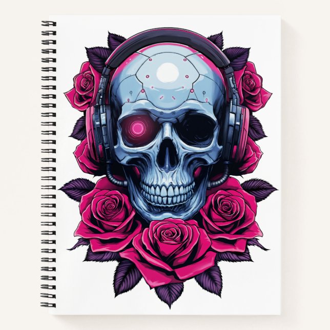 Neon Cyber Death Skull and Roses White Notebook (Front)