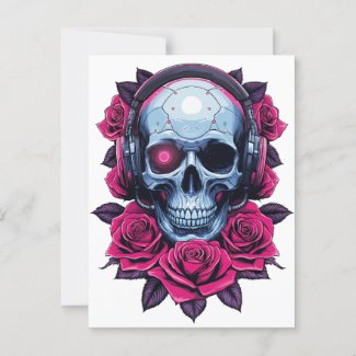 Neon Cyber Death Skull and Roses White