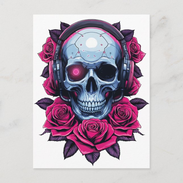 Neon Cyber Death Skull and Roses White Postcard (Front)