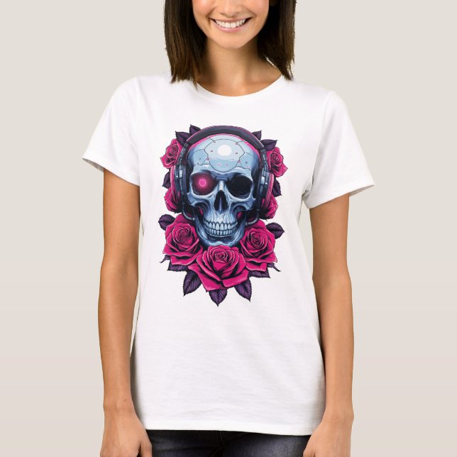 Neon Cyber Death Skull and Roses White T-Shirt (Front)