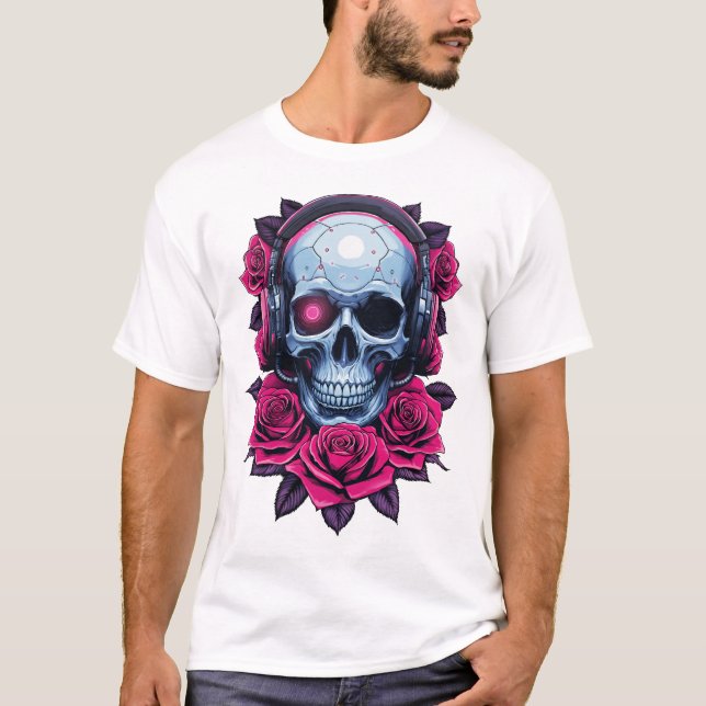 Neon Cyber Death Skull and Roses White T-Shirt (Front)
