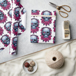 Neon Cyber Death Skull and Roses White Wrapping Paper