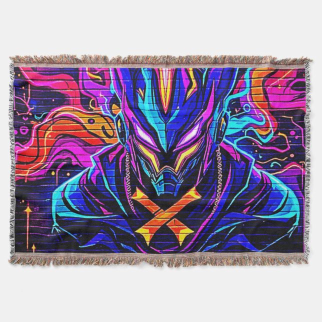 Neon Cyber Guardian Art Throw Blanket (Front)