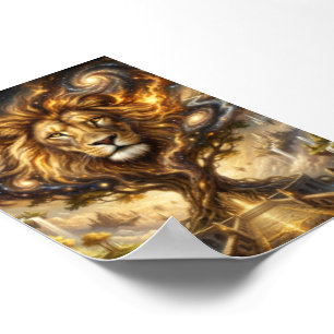 Neon Cyber Lion Wall Art Print – Futuristic Fantas