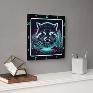 Neon Cyber Racoon City  Square Wall Clock