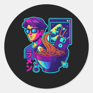 Neon Cyber Ramen – Vaporwave Retro Aesthetic Art Classic Round Sticker