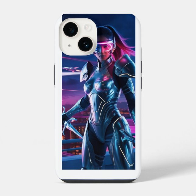 Neon Cyber Warrior iPhone Case – Futuristic Sci-Fi (Back)