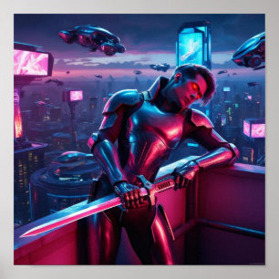 Neon Cyber Warrior Poster – Futuristic Sci-Fi