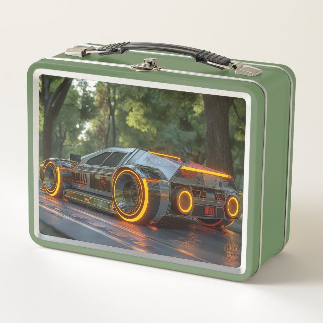 Neon Cybercar — Futuristic Drive Metal Lunch Box (Front)
