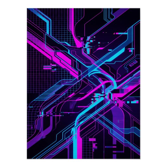 Neon Cyberpunk Abstract Glitch Art Poster (Front)