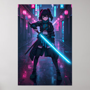 Neon Cyberpunk Anime Girl with Glowing Sword Poste Poster