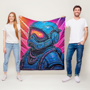 Neon Cyberpunk Astronaut Fleece Blanket