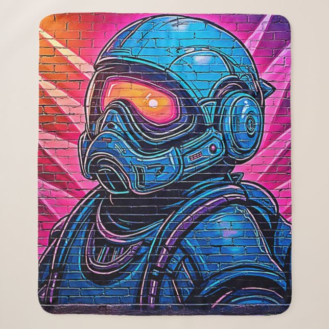 Neon Cyberpunk Astronaut Sherpa Blanket (Front)
