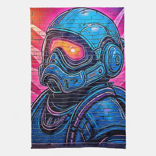 Neon Cyberpunk Astronaut Tea Towel (Vertical)