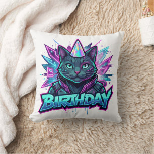 Neon Cyberpunk Cat Birthday Party Graphic Cushion