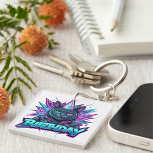 Neon Cyberpunk Cat Birthday Party Graphic Key Ring