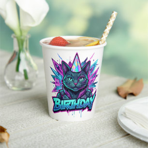 Neon Cyberpunk Cat Birthday Party Graphic Paper Cups
