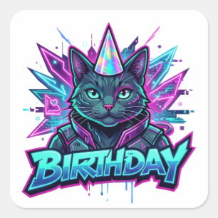 Neon Cyberpunk Cat Birthday Party Graphic Square Sticker