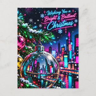 Neon Cyberpunk City Reflected in Christmas Postcard