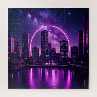 Neon Cyberpunk Cityscape – Futuristic Purple Jigsaw Puzzle