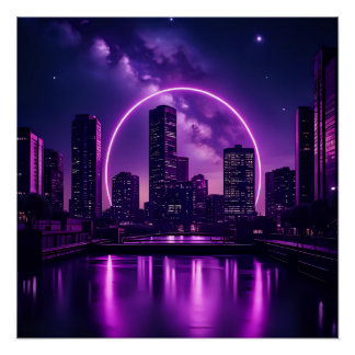 Neon Cyberpunk Cityscape – Futuristic Purple Poster