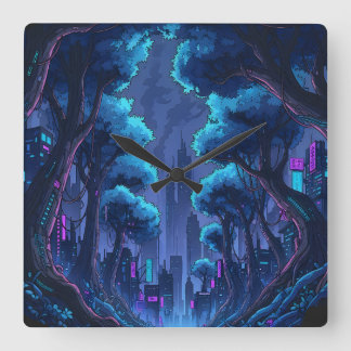 Neon Cyberpunk Cityscape Metropolis Futuristic Square Wall Clock