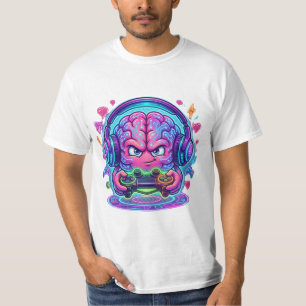 Neon Cyberpunk Gamer Brain Level Up Controller T-Shirt