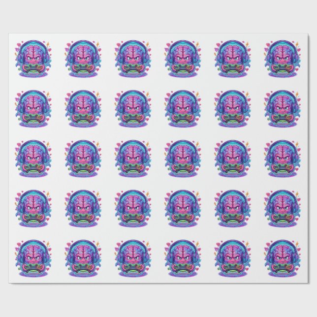 Neon Cyberpunk Gamer Brain Level Up Controller Wrapping Paper (Flat)