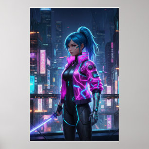 Neon Cyberpunk Girl   Futuristic City Warrior Poster