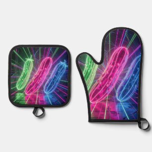 Neon Cyberpunk Glowing Cucumbers Oven Mitt & Pot Holder Set