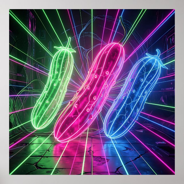 Neon Cyberpunk Glowing Cucumbers Poster (Front)