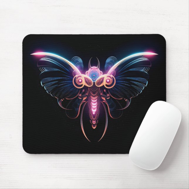 Neon Cyberpunk Moth Mouse Mat (With Mouse)