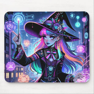 Neon Cyberpunk Tech Witch - Futuristic Art Design Mouse Mat